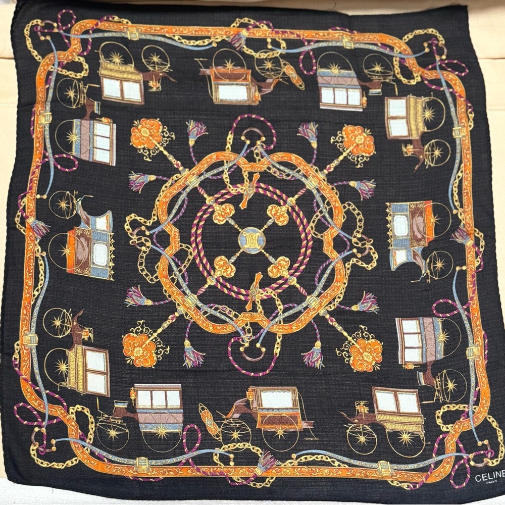 Celine Black Scarf with Gold and Orange Accents